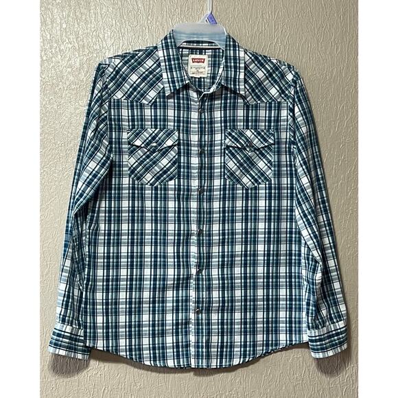 Levi's Men's Plaid Cowboy Western Shirt Pearl Snap Button Up Blue Size Medium - Picture 1 of 15
